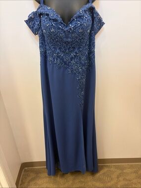 Rina diMontella Beaded Navy Off-Shoulder Evening Gown